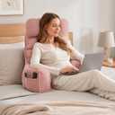 Pink Reading Pillow for Bed with Arms, 28" Tall Corduroy Backrest Pillows with Detachable Neck Roll & Side Pockets, Premium PP Cotton, Sitting Up Pillow for Watching TV, Gaming and Rest