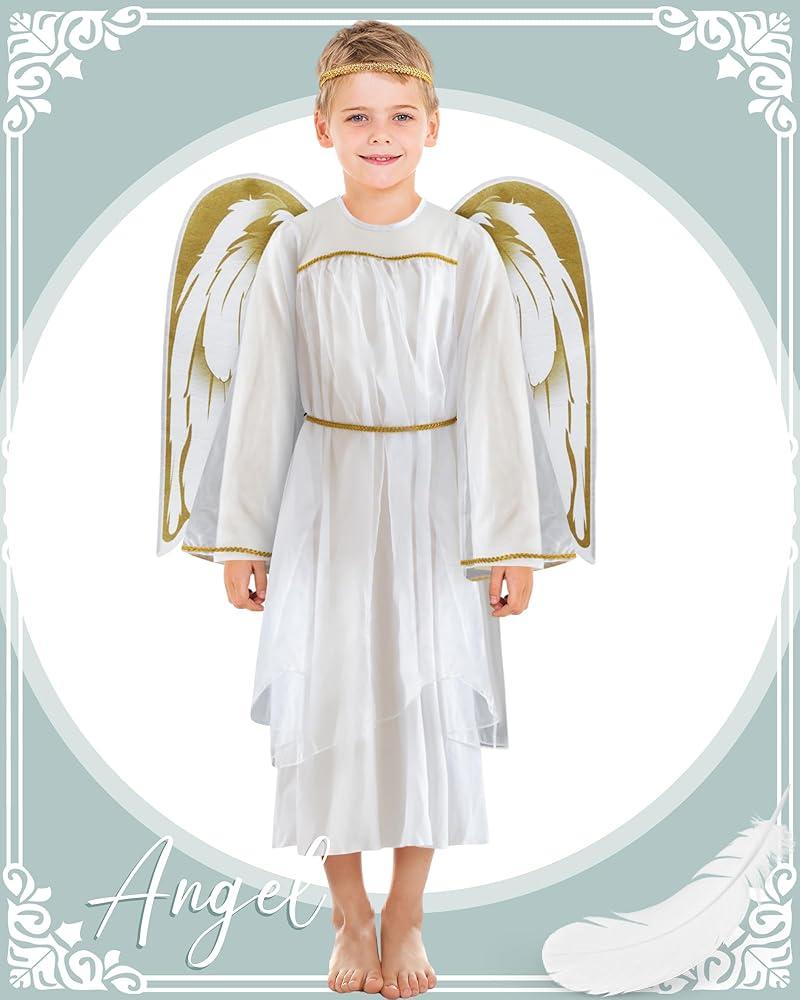 DERAYEE Angel Costume for Kids, Heavenly White Angelic Gown with Wings Headband for Girls Christmas Cosplay Party M