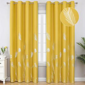 Estelar Textiler Yellow Blackout Curtains for Living Room, Room Darkening Silver Palm Tree Pattern Curtains 96 Inches Long, Light Blocking Thermal Insulated Window Drapes for Bedroom, 52Wx96L,2 Panels