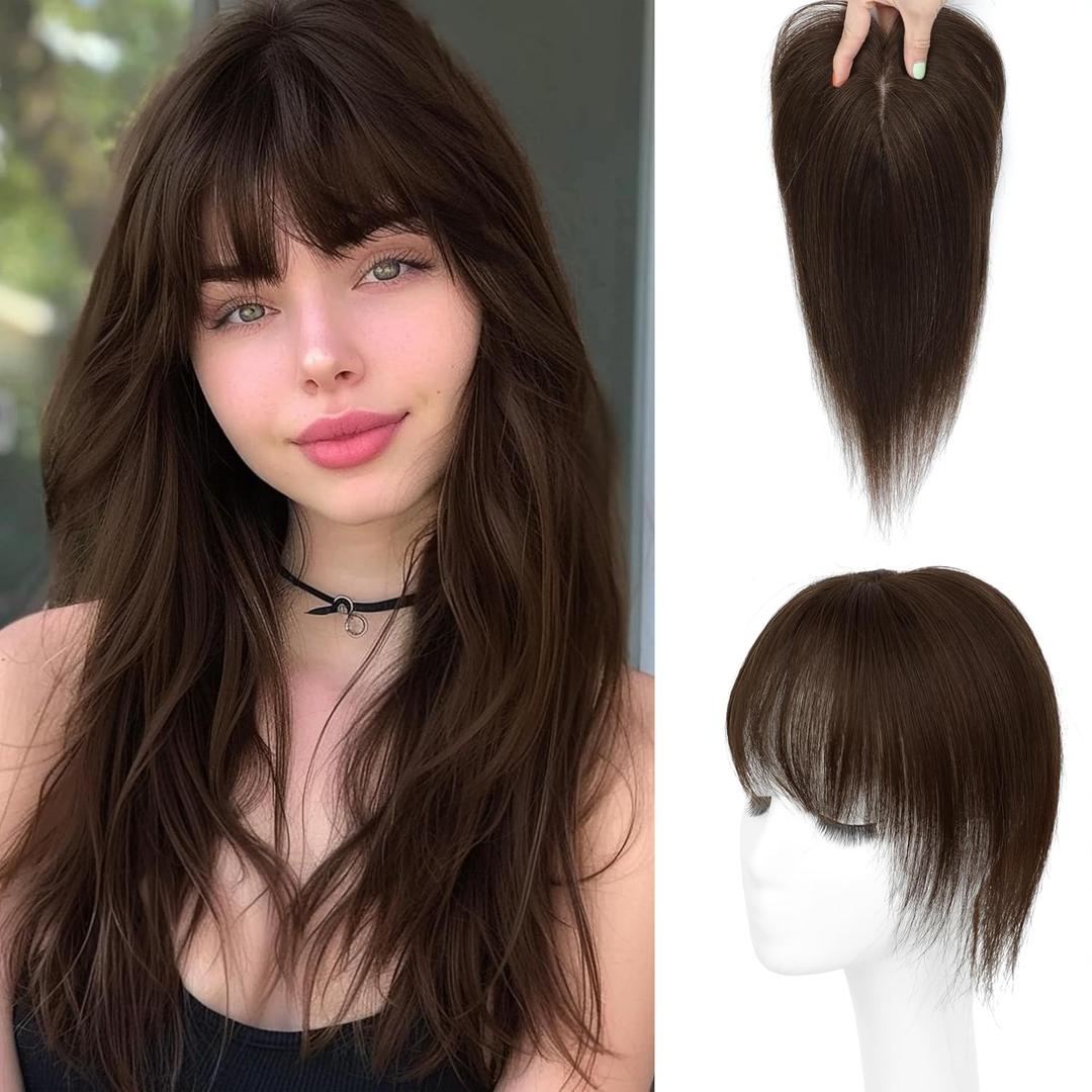 Hair Toppers for Women Real Human Hair-U Shape Toppers Hair Pieces for Women with Thinning Hairr 150% Density Silk Base Clip in Human Topper with Bangs for Daily Use(Dark Brown