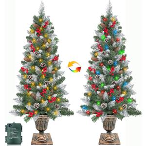 2Pack 4FT Outdoor Snowy Christmas Entrance Tree in Pot Base with Timer 80 Warm White & Colorful Change Light 8 Mode Battery Operated 15 Pine Cone 105 Red Berries Porch Front Door Decor