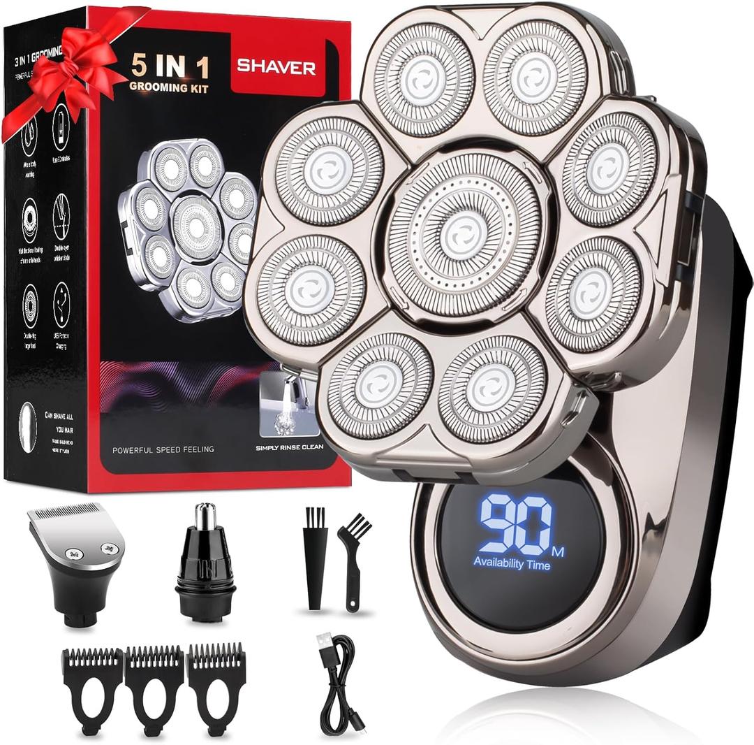 9D Electric Head Shavers for Bald Men, Upgraded 5-in-1 Waterproof Wet/Dry Grooming Kit Electric Shaver for Men, Cordless Rechargeable Bald Head Razor for Home&Travel