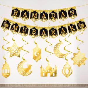 18 Pcs Eid Mubarak Banner, Ramadan Kareem Banner with Eid Mubarak Hanging Swirls Streamer Bunting, Ramadan Kareem Banner for Ramadan Decorations, Muslim Eid Mubarak Festival Garland Banner