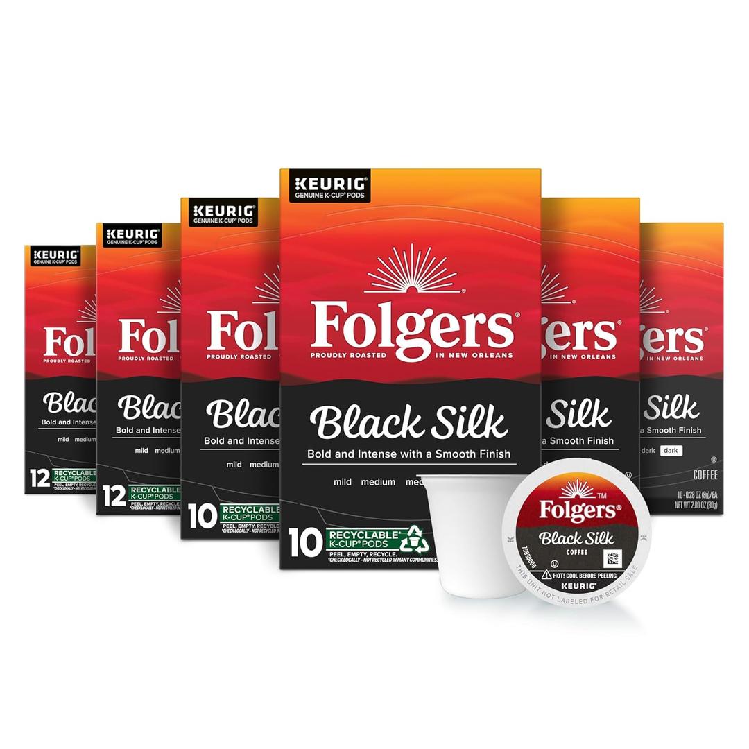 Folgers Black Silk Coffee, Dark Roast, Keurig K-Cup Pods, 60 Count | 6 (10 count) boxes, Dark roast coffee, Compatible with Keurig coffee makers, BBD 05/06/27