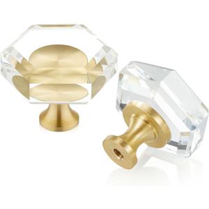 QOGRISUN 2-Pack Brass Crystal Cabinet Knobs,Glass Crystal Gold Drawer Knobs,1-5/16-Inch Hexagon,Decorative Dresser Pulls, Modern Cabinet Hardware