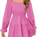 Haloumoning Girls Dresses Long Sleeve Square Neck Crossover Waist Casual A-Line Spring Fall Dress 5-14Y