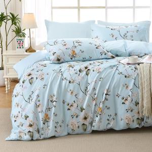 MUXHOMO Ceiba Blue Full Comforter Set, Elegant Floral Print Bed in a Bag 7 Pieces, Ultra Soft & Breathable Reversible Botanical Pattern Bedding Set with Comforter, Sheets, Pillowcases, and Shams (Full(82"x86"))