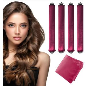 Heatless Curls Overnight Hair Curler - 4 Pcs Curling Rod to Sleep In, Velvet Hair Rollers with Satin Hair Scarf