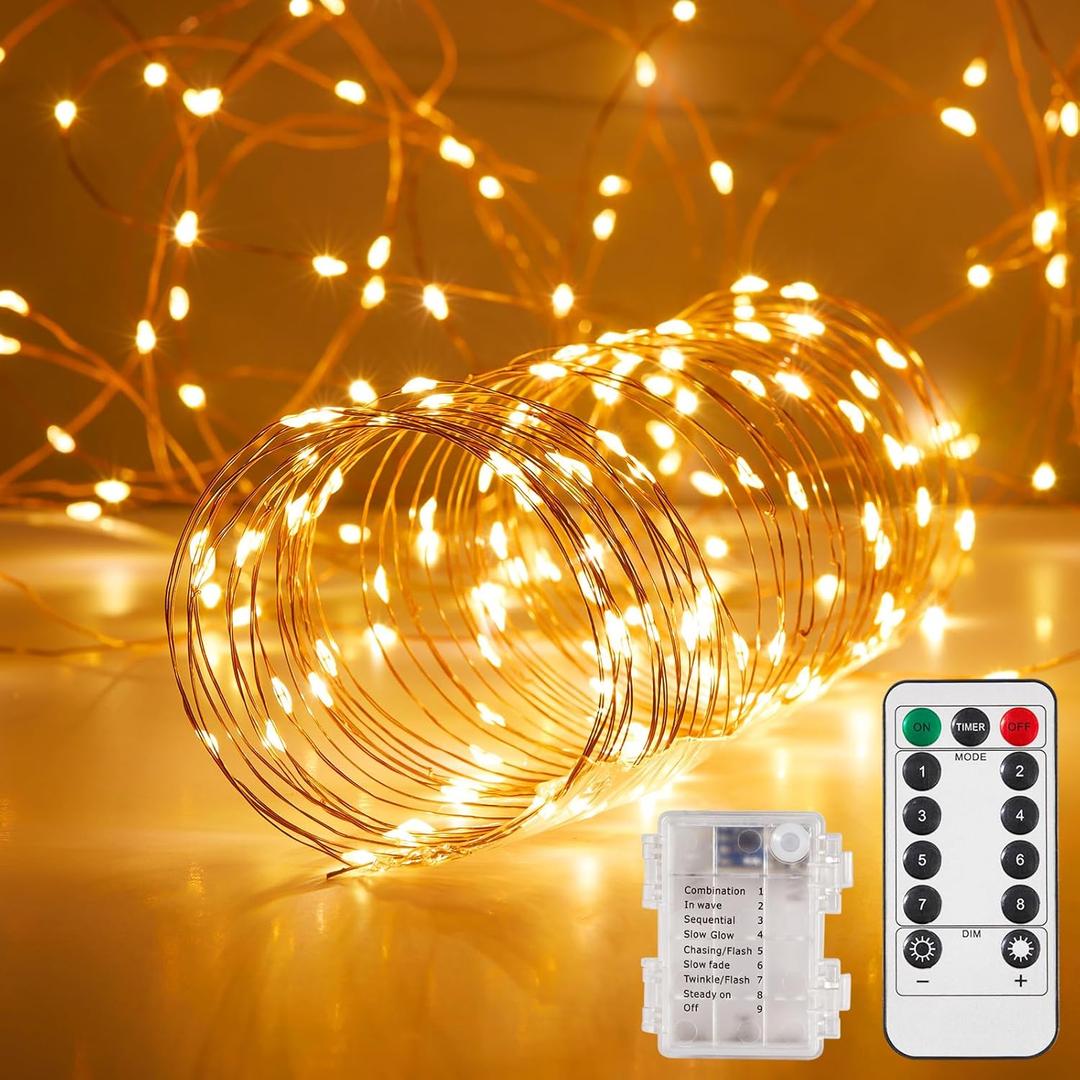 Battery Operated Outdoor String Lights with Remote & Timer, LED Warm White Fairy Lights, Waterproof Twinkle Lights for Bedroom, Dorm, Mason Jar, Wedding, Party, Christmas