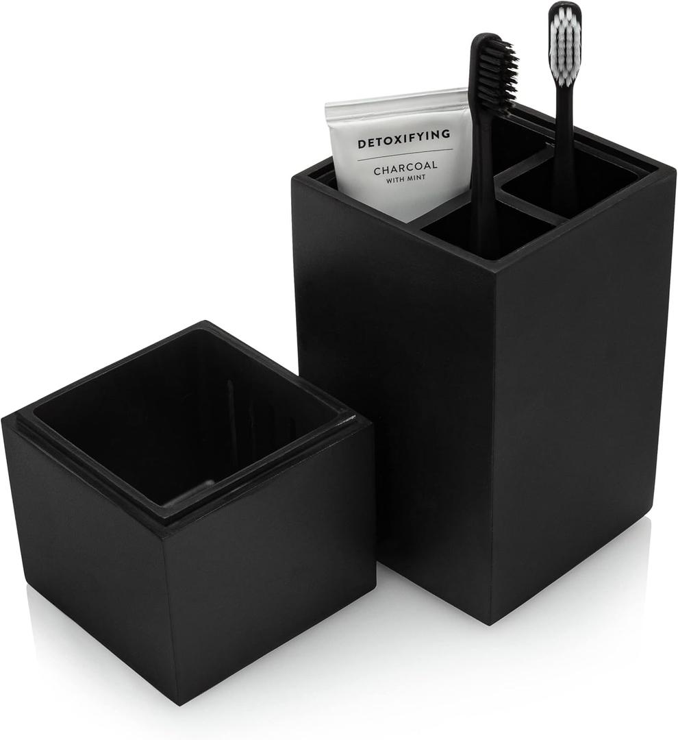 Essentra Home Toothbrush Holder with Lid, Elegant Matte Black Bathroom Toothbrush & Toothpaste Organizer  Matte Black Collection
