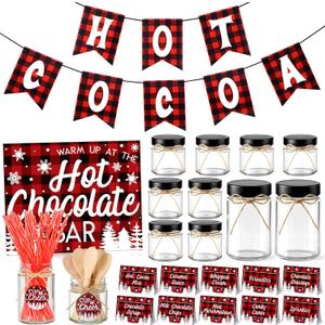 Baderke 72 Pcs Plaid Hot Chocolate Bar Kits, Include Glass Jars, Chocolate Bar Banner Sign with Stand, Tent Labels, Cup Tags, Spoon, Straw and String for Christmas Holiday Supplies, Cocoa Lovers Gift