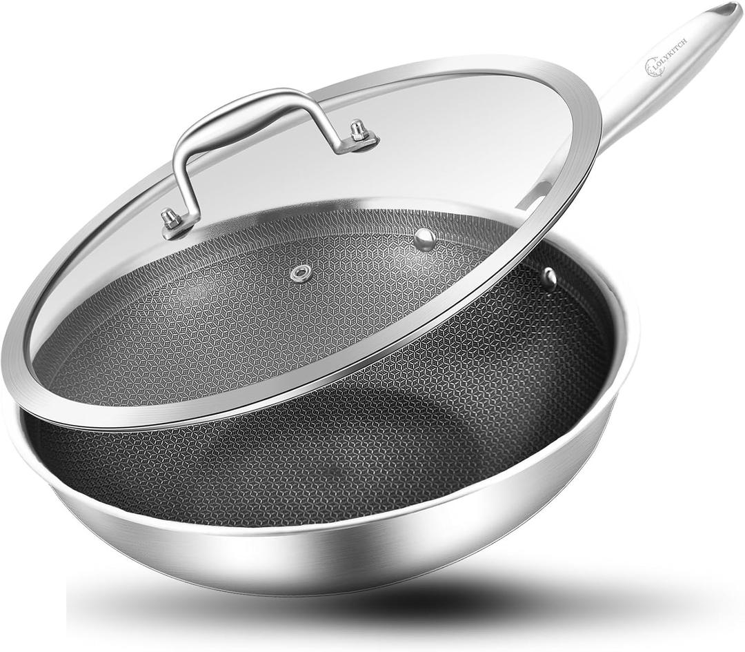 LOLYKITCH Hybrid 10 Inch Tri-Ply Stainless Steel Wok Pan with Lid,Ceramic Non Stick Stir Fry Pan,Induction Cooking Pan,Dishwasher and Oven Safe,Riveted Handle LOLYKITCH Hybrid 10 Inch Tri-Ply Stainless Steel Wok Pan with Lid,Ceramic Non Stick Stir Fry Pan,Induction Cooking Pan,Dishwasher and Oven Safe,Riveted Handle