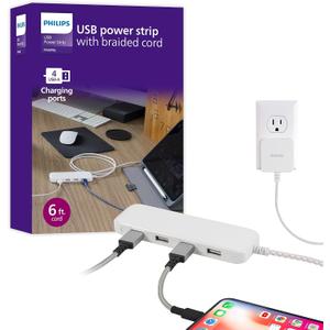 Philips 24W USB Extension Cord Power Strip Charging Station, for IPhone 11/Pro/Max/XS/XR/X/8, iPad Pro, Samsung Galaxy S10/S9/Plus, Google Pixel, USB-A, 6 ft. Braided Cord, DLK2506/27