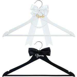 FillTouch 2 Pack Bride and Groom Wedding Hanger Set with Ribbon Bow Wooden Dress Suit Hanger Gift for Wedding Bridal Party Photo Decor(Black and White,Classic)