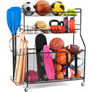 HOME IT Garage Sports Equipment Organizer - Garage Ball Storage Rack Organizer Holder with Baskets, Rolling Wheels & Breaks - Large Capacity Heavy Duty Steel Ball Storage Cart