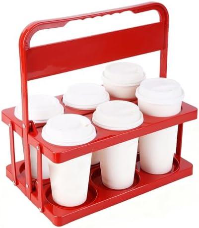 Bodaon 6 Cup Drink Carrier with Handle, Plastic Cup Carriers for Drinks, Drink Holder for Car, Take Out Delivery Drivers, Accessories, Portable Foldable Reusable Mobile, Use for Food Delivery Bag, Red