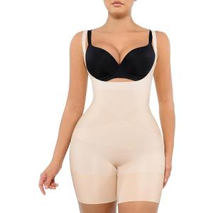 FeelinGirl Open Bust Shapewear Tummy Control Seamless Body Shaper for Women Mid Thigh Sculpting Bodysuit Size M/L