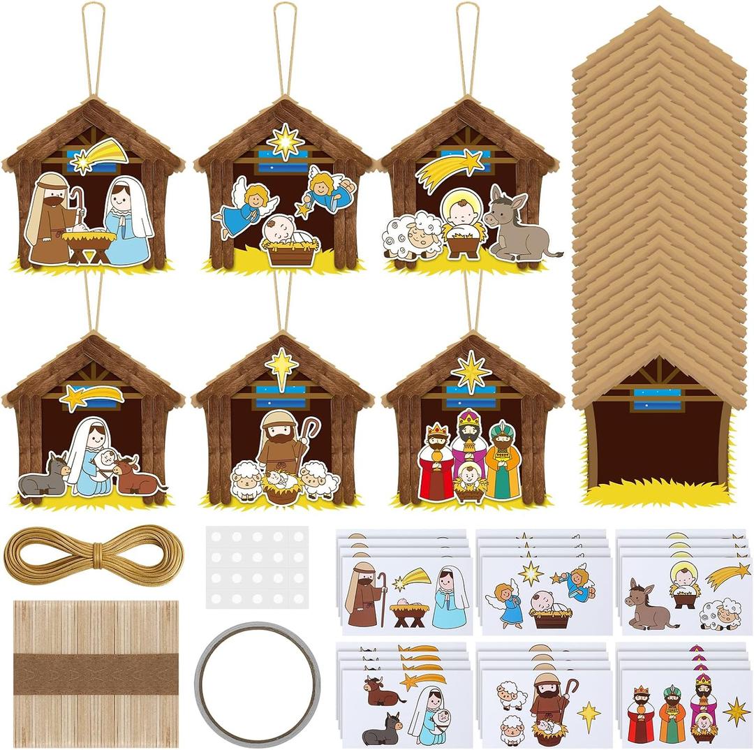 Jenaai 24 Set Nativity Wooden Stick Ornament Craft Kit Make a Nativity Scene Hanging Ornament Religious Christmas Crafts for Christmas Tree Home Party Classroom Activities, As Shown