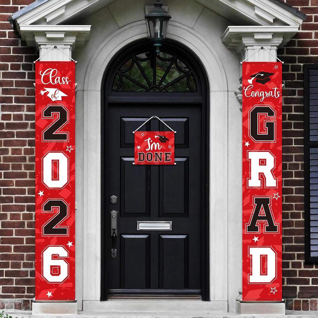 Moukeren 3 Pieces 2026 Graduation Party Decorations Graduation Porch Sign Class of 2026 Grad Hanging Porch Banner Backdrop Door Sign for Grad Party Home Door Wall Decor(Red and Black)