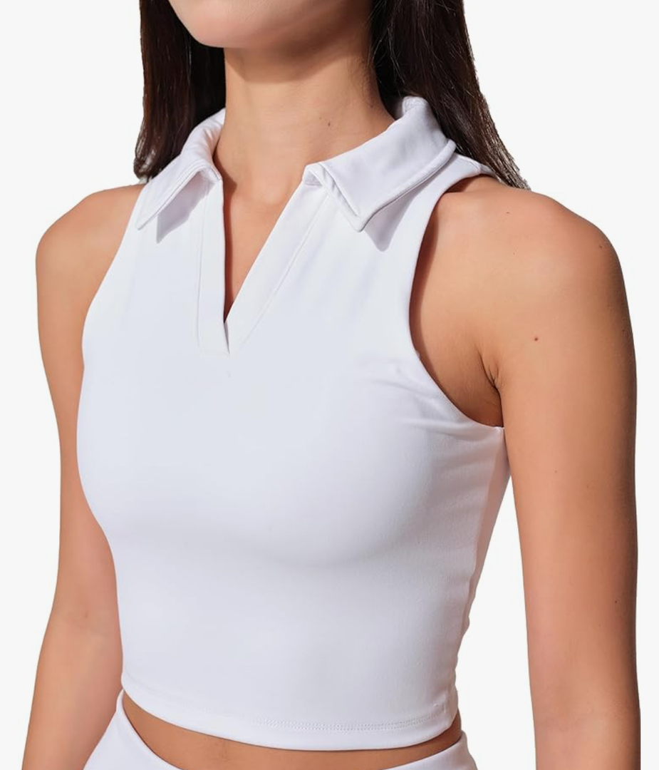 Womens Golf Shirt Sleeveless Polo Collared Tennis Shirts for Women Athletic Workout Cropped Tank Tops ,White ,L