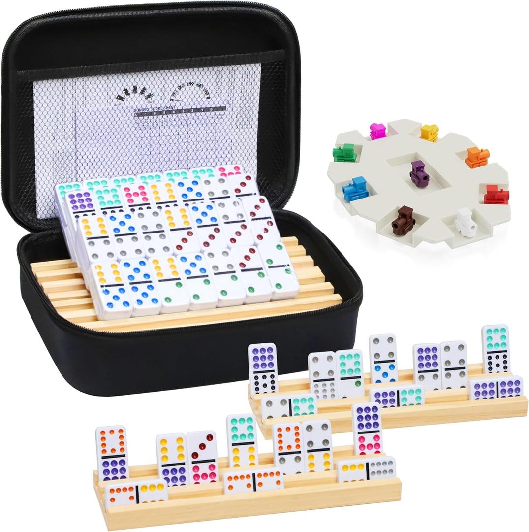 Mexican Train Dominoes Set with 4 Wooden Trays/Racks, Double 12 Dominos Travel Set with 4 Domino Tiles Holders, 91 Tiles Double 12 Colored Dominoes Game Set with Portable Case for Families Kids