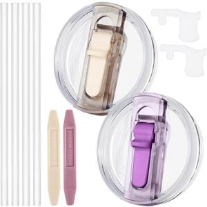 2 Pack Leak Proof Lid for 40oz Stanley H2.0 Quencher, No Spill Lids Replacement 40 oz for Stanley ProTour, with Removable Nozzle (Cream+light purple)