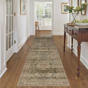 2x8 Washable Vintage Runner Rug Green Brown Hallway Kitchen Carpet Non-Slip Soft Low Pile Distressed Throw Rug for Bedroom Bathroom Laundry Living Room