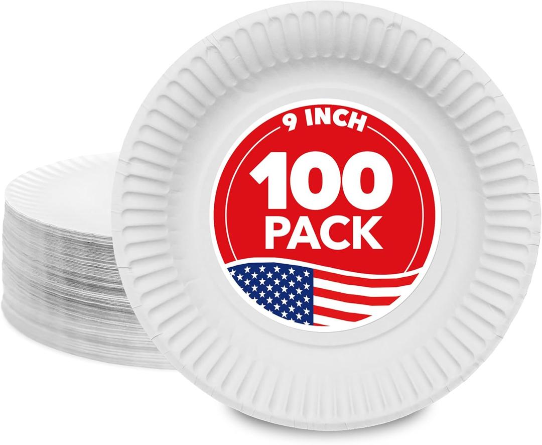 Stock Your Home 9-Inch Paper Plates Uncoated, Everyday Disposable Plates 9" Paper Plate Bulk, White, 100 Count