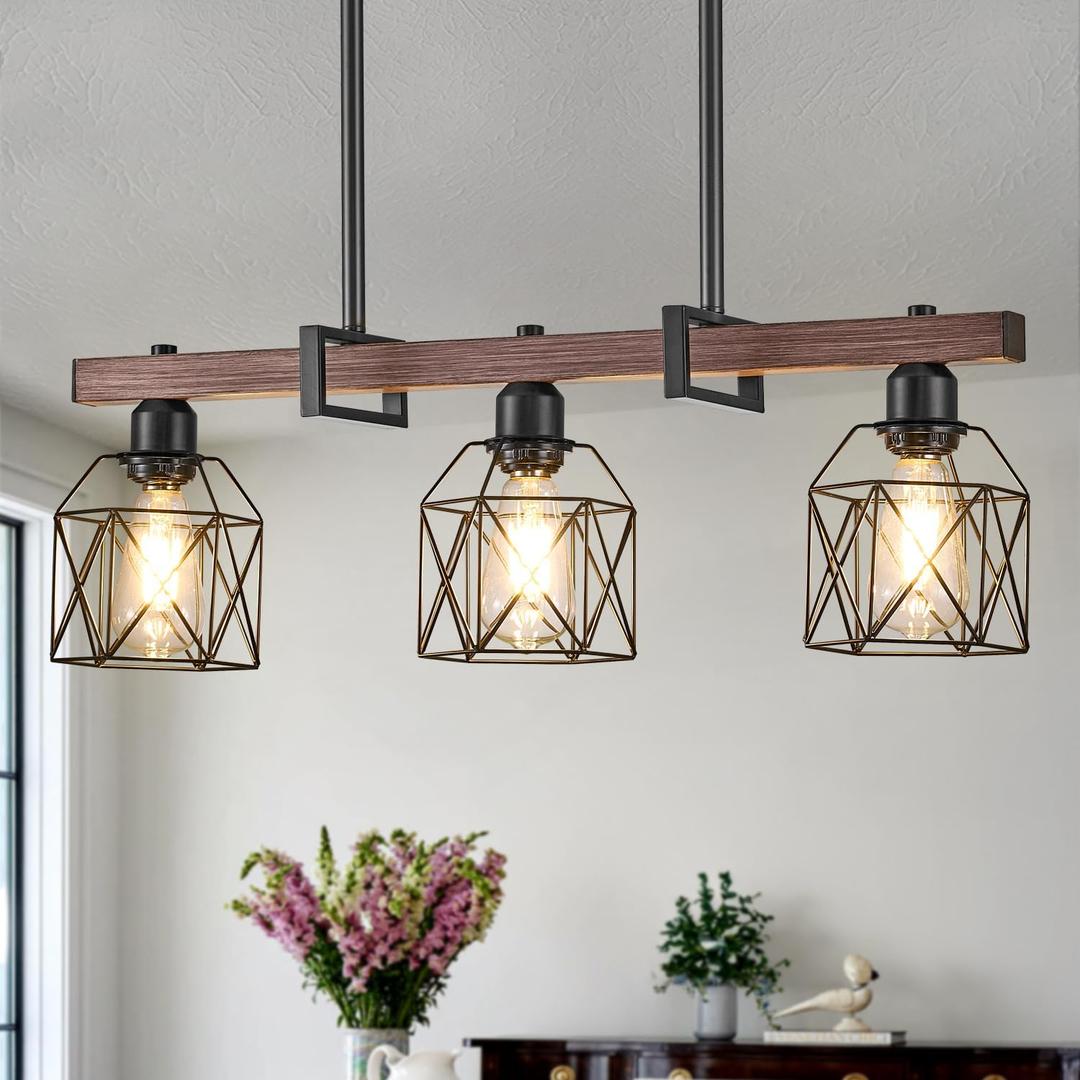 3-Light Vintage Industrial Pendant Light Over Table, Adjustable Hanging Light with Walnut Finish & Matte Black Metal Frame, E26 Base Modern Rustic Chandelier for Kitchen Island, 26.6-inch