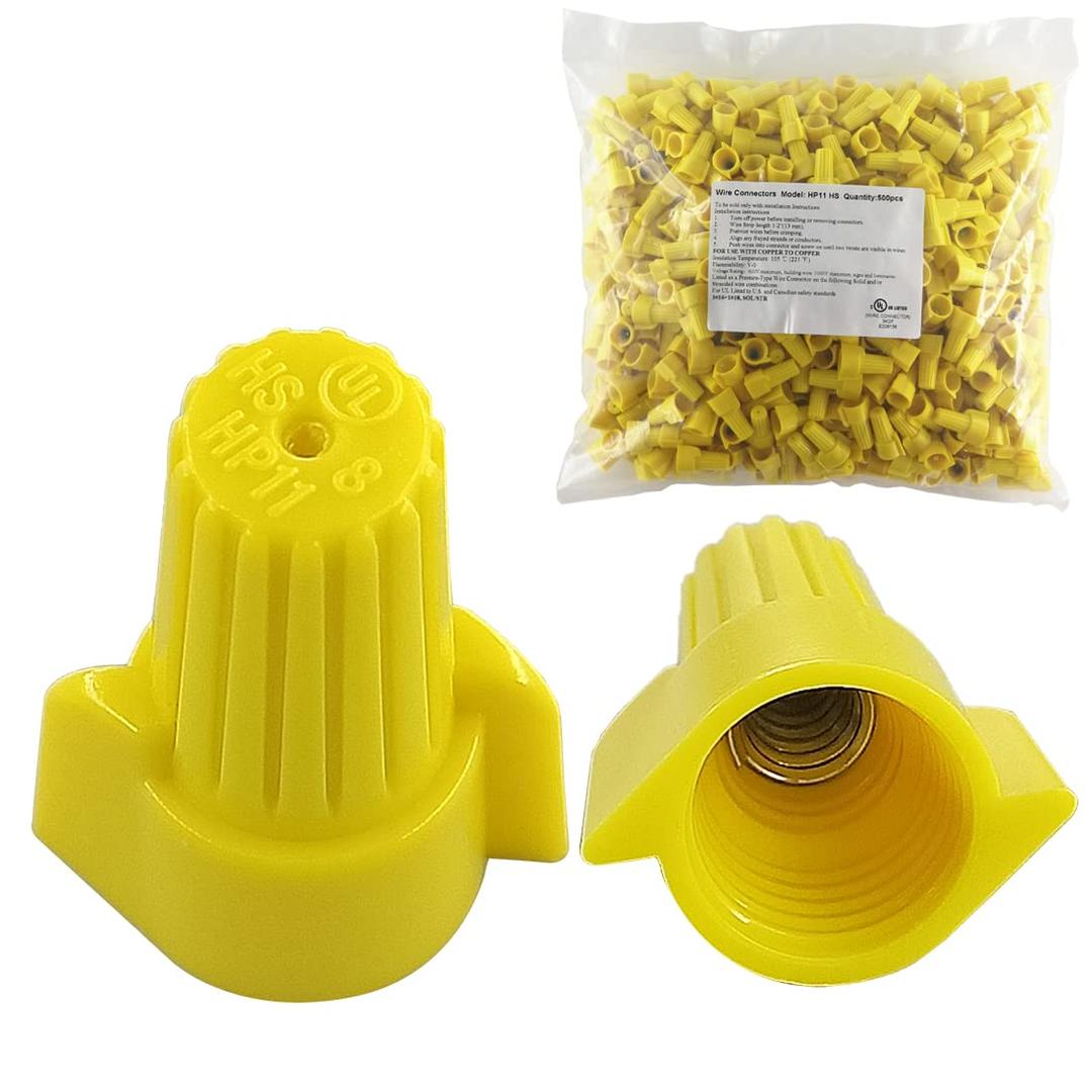 UL Listed Yellow Winged Electrical Wire End Connectors Caps Bulk 500 Pack Small Twist-on Wire Connectors Nuts 18-10 AWG,HS P11 Type Screw Terminals