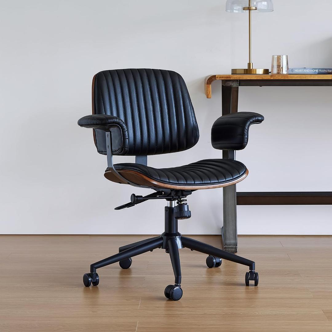 Genuine Leather Home Office Chair, Mid-Century Modern Executive Desk Chair with Padded Armrests, 360° Swivel Ergonomic Task Chair,Adjustable Height (Genuine Leather-Black)