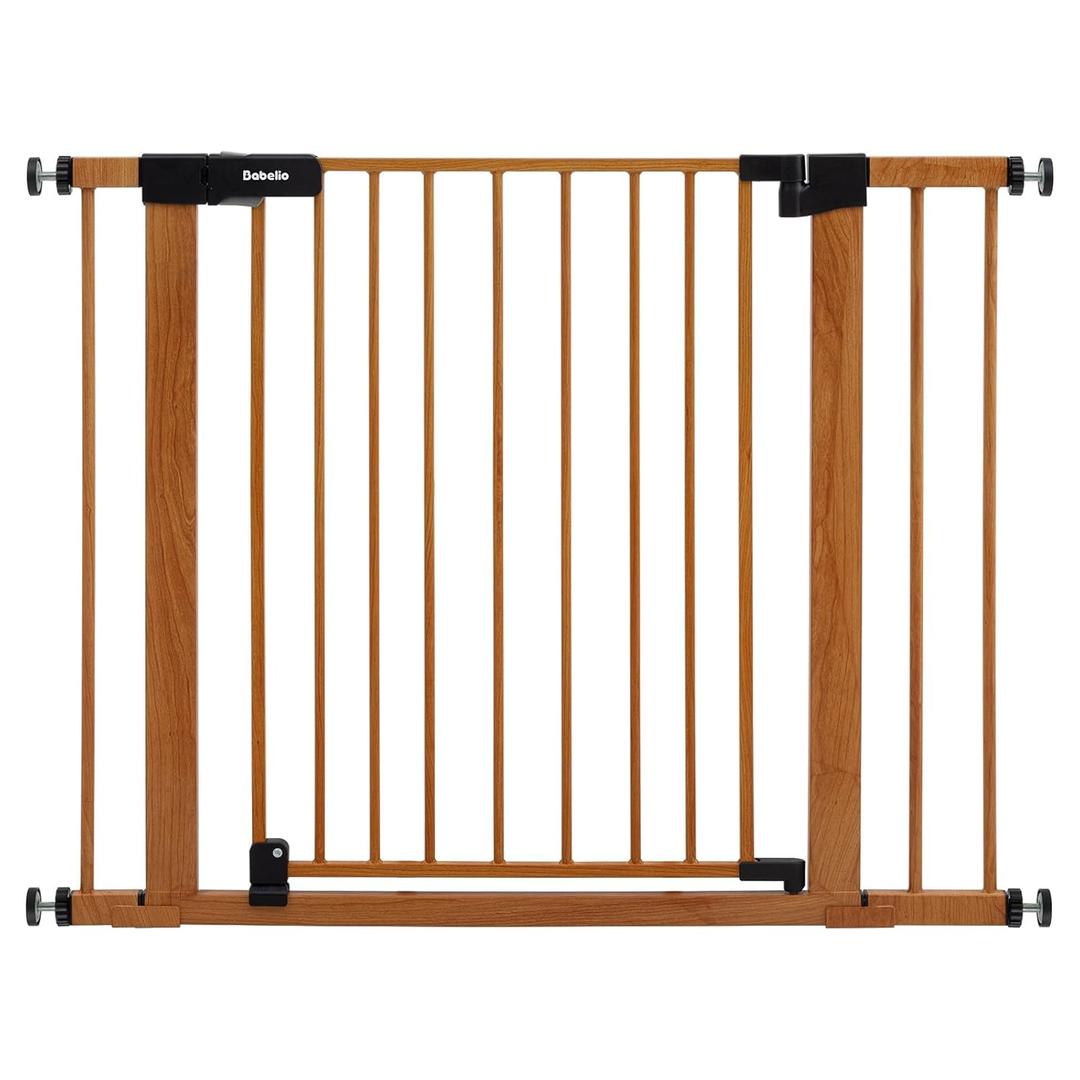 BABELIO 29-40" Metal Baby Gate with Wood Pattern, Auto Close Dog/Pet Door for The HouseStairs and Doorways, Pressure Mounted Barrierr, NO Tools Needed (30" Tall, 29-40" Width)