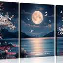 3Pcs Cherry Blossom Moon Lake Canvas Wall Art Nature Landscape Wall Decor Pictures Japanese Aesthetics Floral Posters Prints for Home Office Living Room Decoration 16x24in