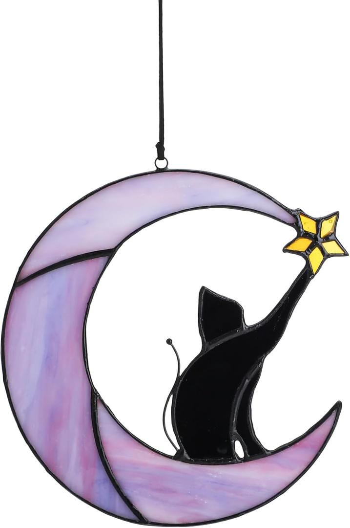 HDCRYSTALGIFTS 6.5'' Black Cat Decor on Purple Moon Stained Glass Window Hanging Suncatcher,Wall Art Glass Window Panel Sun Catcher,Christmas Ornament Decoration Memorial Gift for Lover Cat Loss