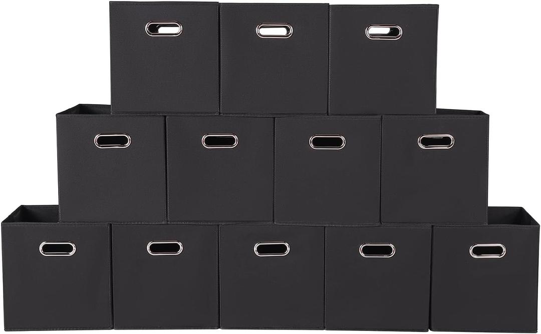 Fabric storage bins Cubes, Fabric Cube Organizer with Handle, Foldable Cube Bins for Cloth or Accessary Storage, 11x11x11, Set of 12, (Black)