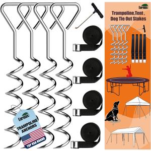 Eurmax USA Trampoline Stakes Heavy Duty Trampoline Parts Corkscrew Shape Steel Stakes Anchor Kit with T Hook for Trampolines -Set of 4 Bonus 4 Strong Belt, Silver