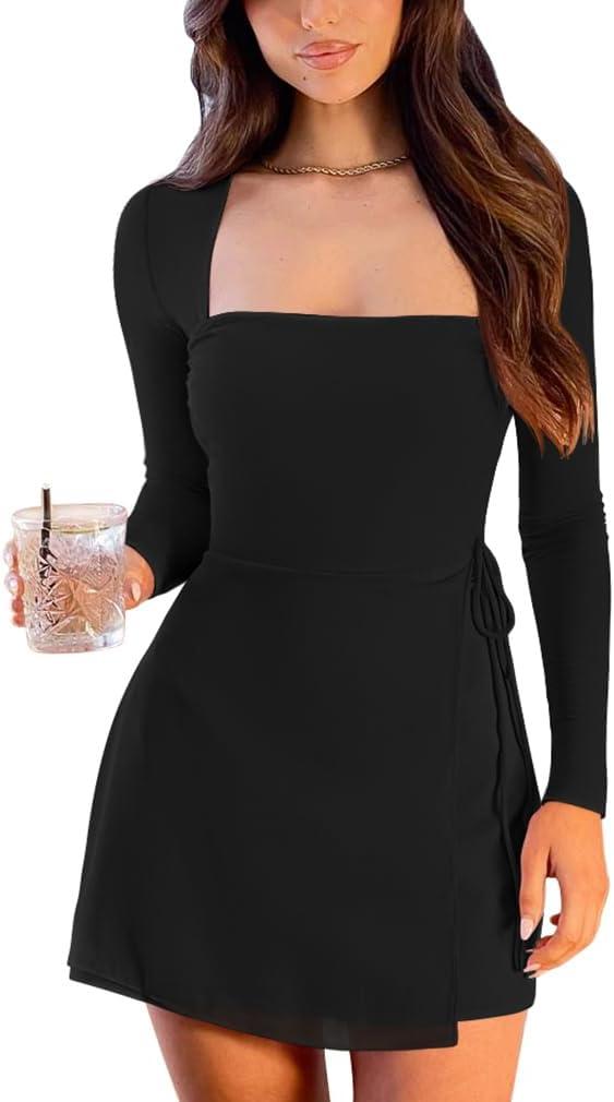 XXTAXN Womens Sexy Long Sleeve Square Neck Bodycon Mesh Mini Dress Black (Black, S)