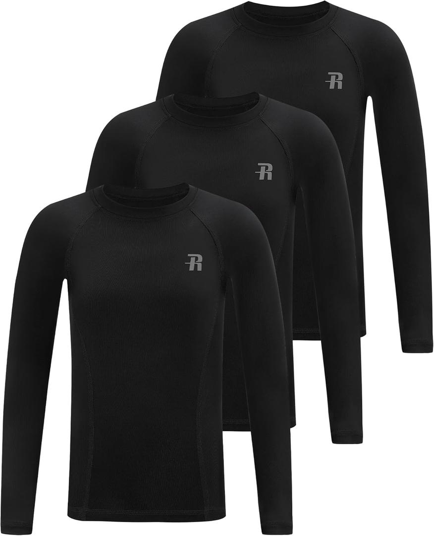 Runhit Boys Compression Shirt Kids Long Sleeve Athletic Undershirt Youth Quick Dry Base Layer for Football Baseball (X-Large, Black/Black/Black)