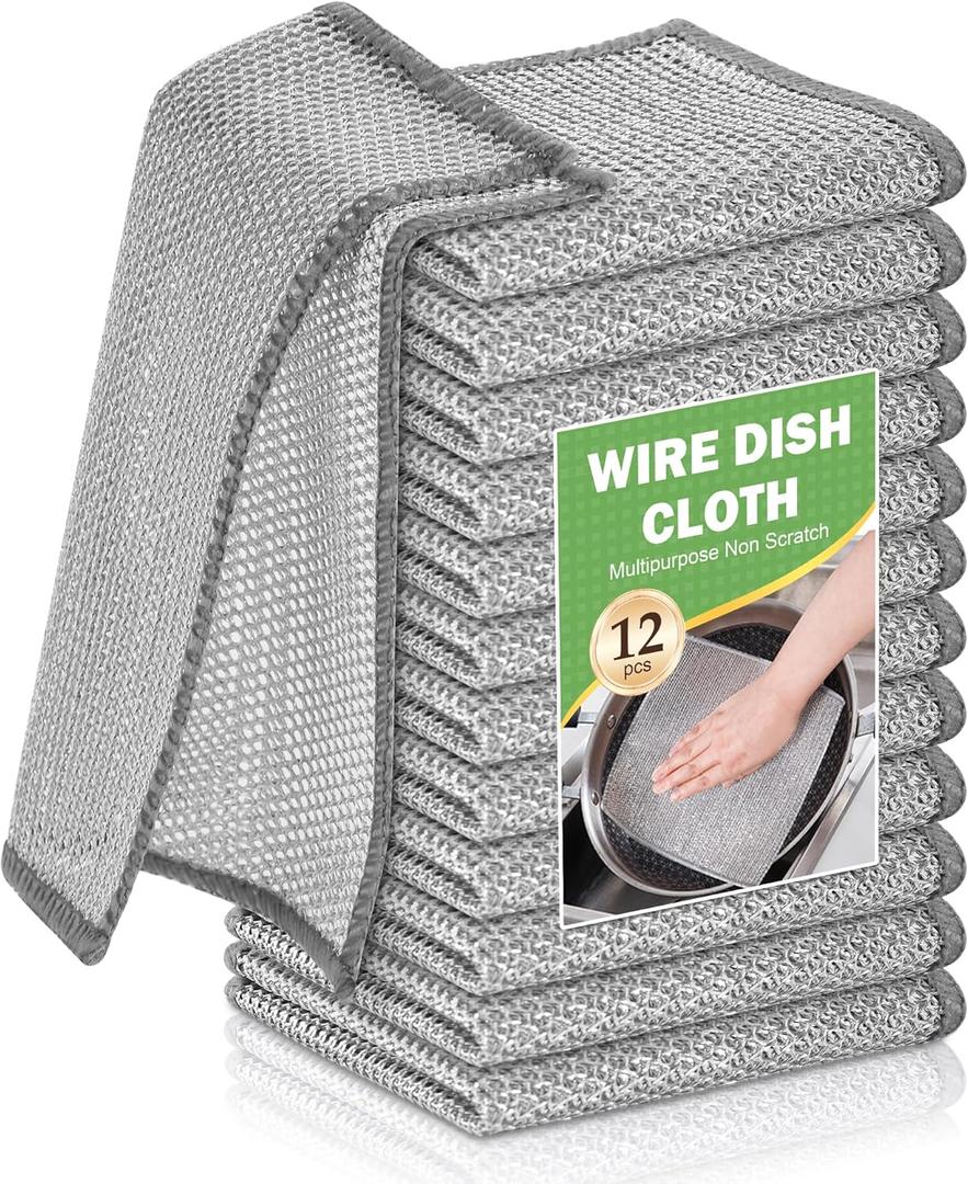 12PCS Non-Scratch Wire Dishwashing Rags, Multipurpose Wire Dishcloth, Silver Wire Cleaning Cloths for Home/Kitchen (Silver, 7.87 x 7.87 inches - 12PCS)