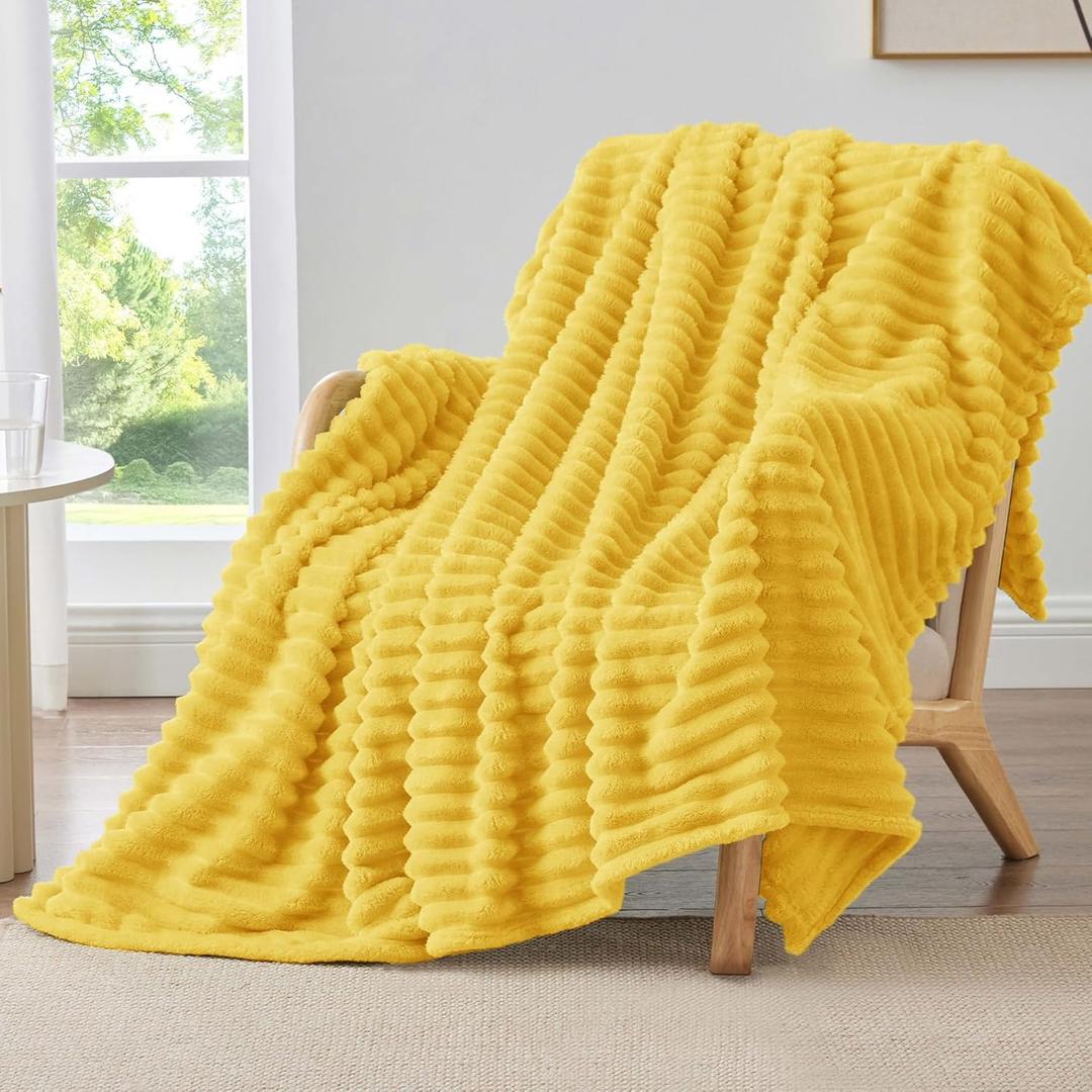 BEDELITE Fleece Throw Blanket for Couch - 300GSM Soft & Warm Fluffy Yellow Blanket, Decorative and Giftable Striped Blankets for Women, Men, 50"x60"