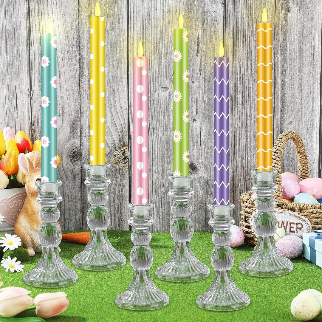 Aurelema 6 Pcs Easter LED Flameless Candle Set Spring Floral Pastel Flameless Taper Candles Operated Seasonal Celebration Candles with Remote for Easter Home Decor Gifts