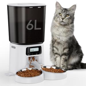 Petrice Automatic Cat Feeder, 4L/16Cups Cat Food Dispenser with Stainless Steel Bowl 30 Portions 6 Meals per Day, Programmable Auto Cat Feeder for Kitty Small Dogs with 10S Voice Record, White