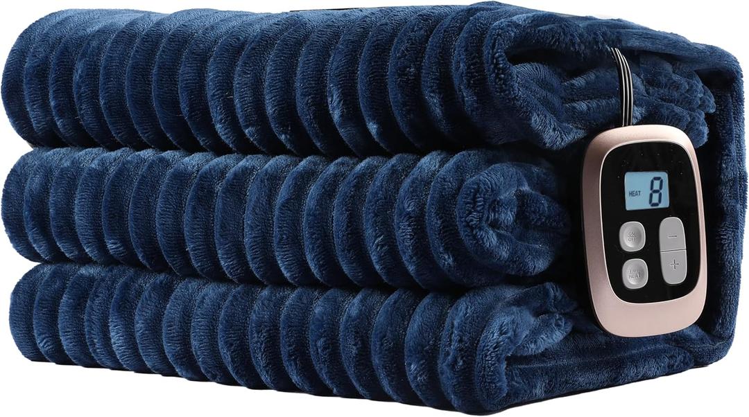 Electric Heated Blanket Full-Size 72x84 Inch - Ultra Soft Silky Flannel with Ribbed Texture, 10 Heating Levels and 12 Hours Auto-Off Feature - Navy Blue (202-dark Blue)