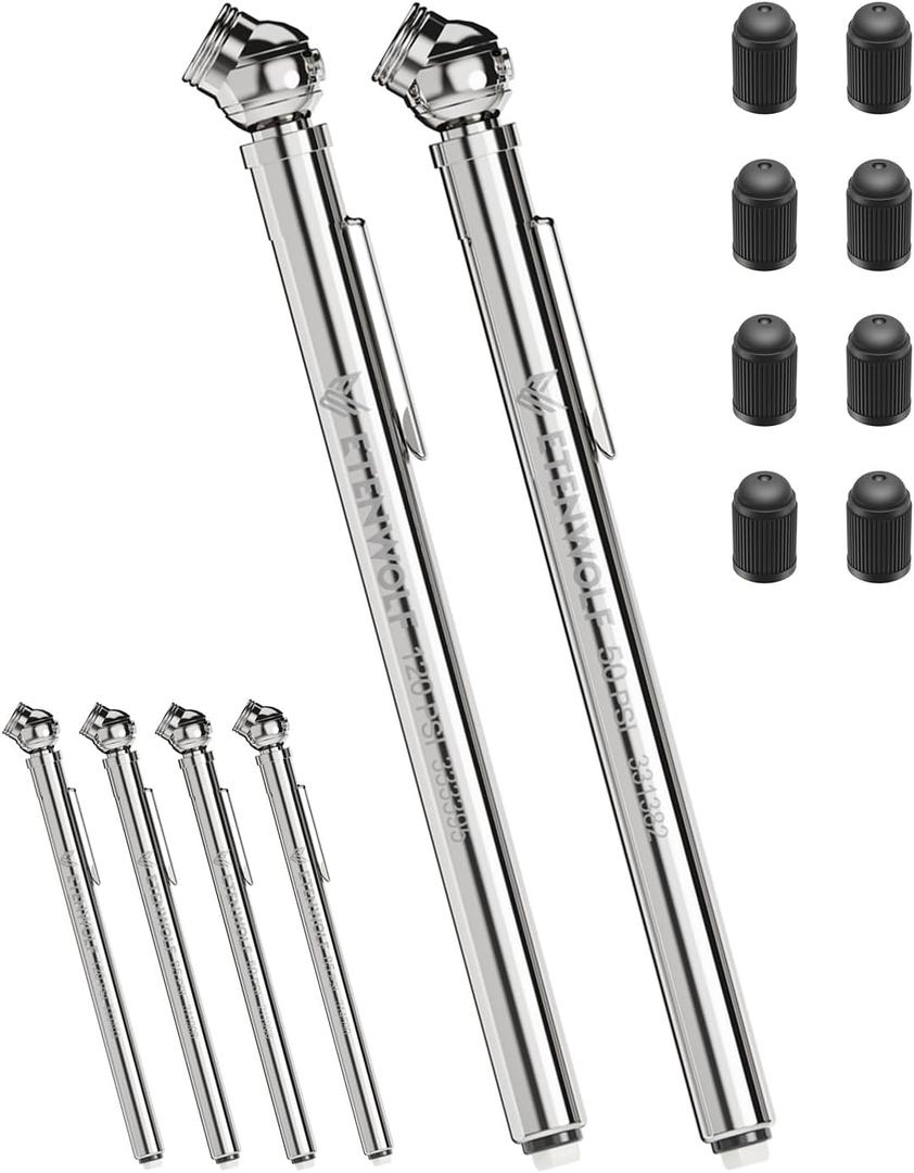 ETENWOLF Pencil Tire Pressure Gauge 2 Pack (10-50PSI, 20-120PSI) with 16 Tire Caps Calibrated to ANSI B40.1 Grade B(2%), Stainless Steel Body, for Cars, Pickups, RVs, Bicycles