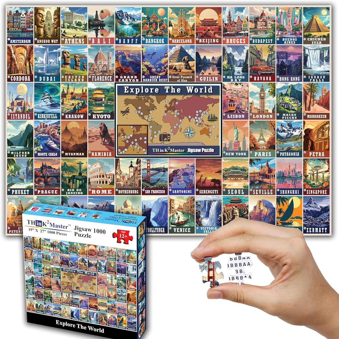 Think2Master Colorful Vintage World Travel Poster 1000 pieces Large Format Jigsaw Puzzle for kids 13+, teens, adults & families. Great gift for people wanting to explore the World. Size: 26.8 X 18.9
