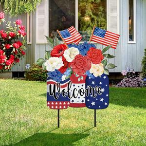 MorningRo Patriotic 4th of July Yard Sign American Flag Outdoor Decor 26" Patriotic Welcome Yard Outdoor Decor 250th Anniversary Flag Floral Vase Decorative Lawn Sign for Outside Garden Lawn Patio