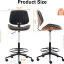 Drafting Chair, Ergonomic Office Chair with Walnut Wood Back Support, Armless PU Leather Desk Chair with Height-Adjustable, Thick Cushion for Home Office, Drafting, Art Studio (Black), 21.5"D x 10"W x 21"H
