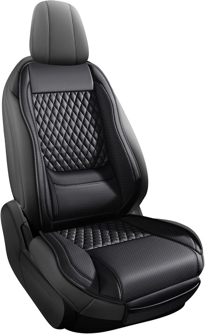 Premium Perforated Napa Leather Car Seat Covers Semi Universal Fit with Lumbar Support, Storage Bag for SUV Sedan Truck (Black, Front Row Single seat)