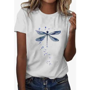 White Summer Clothes for Women, Polyester Spring Shirts for Women 2024, Short Sleeve Tshirts Shirts for Women Graphic, Blouses for Women Business Casual, Dragonfly Work Summer Shirts for Women 2024, L