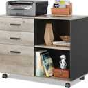 DEVAISE 3 Drawer Mobile File Cabinet, Wood Lateral Filing Cabinet, Printer Stand with Open Shelves for Home Office, Greige
